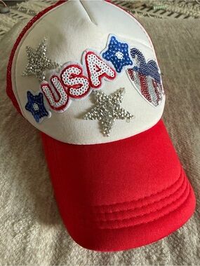 Patriotic USA Sequin Trucker Hat - Red & White